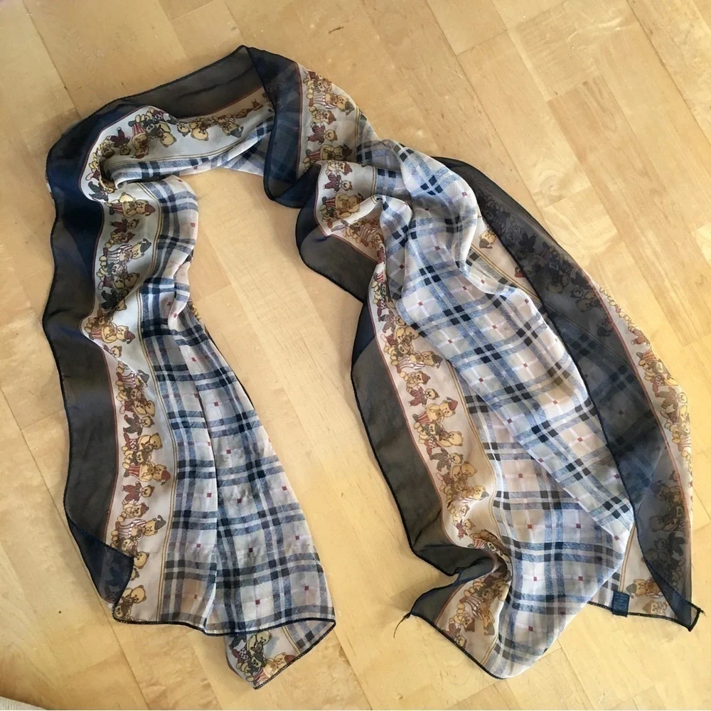 Teddy Bear and Plaid Semi Sheer Scarf, Brown, Tan, Black, Red